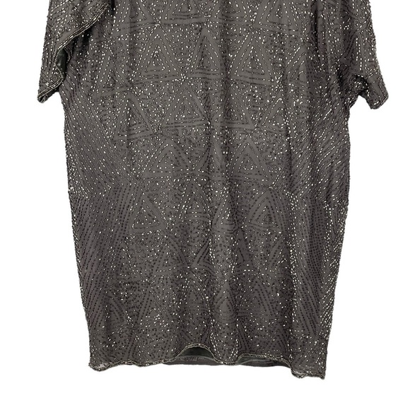 PISARRO NIGHTS BEADED SILK COLD SHOULDER GRAY SILVER COCKTAIL PARTY DRESS - Picture 8 of 14